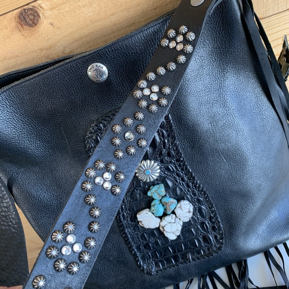 Two Bar West‎ Large Leather Purse Tote Fringes *Flaws* Stones Studded Western - Picture 2 of 10